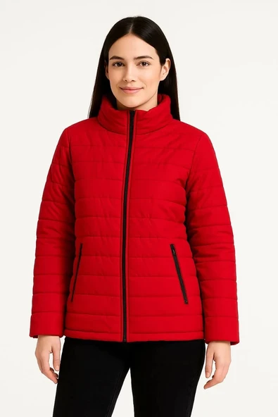 Kadın Bomber Mont Ceket – Su İtici Kumaş, Kapitone Astarlı, Fermuarlı, Kışlık - Kırmızı - Resim 5