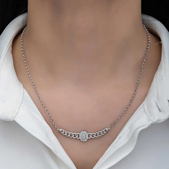 Gümüş Gurmet Zincirli Oval Baget Taşlı Kadın Kolye - Resim 3