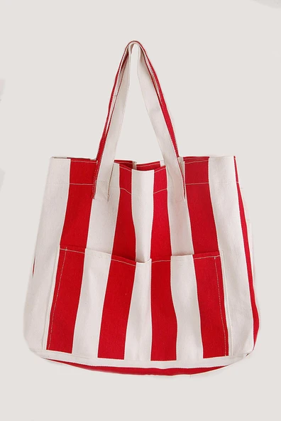 Kadın Kanvas 2 Cepli Günlük Renkli Plaj Omuz Çantası Kırmızı - Resim 4