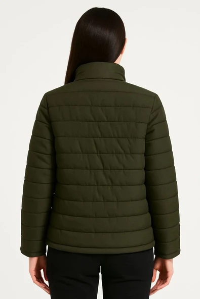 Kadın Bomber Mont Ceket – Su İtici Kumaş, Kapitone Astarlı, Fermuarlı, Kışlık - Haki - Resim 2