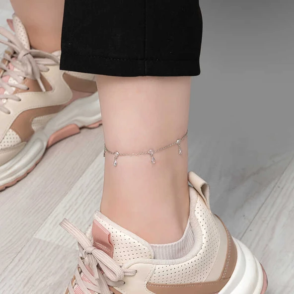 925 Ayar Gümüş Damla Zirkon Taşlı Halhal - Resim 2