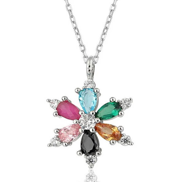 925 Ayar Gümüş Mix Taşlı Lotus Çiçeği Kadın Kolye ürün görseli 1