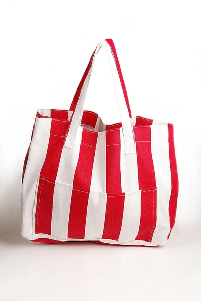 Kadın Kanvas 2 Cepli Günlük Renkli Plaj Omuz Çantası Kırmızı - Resim 2