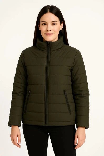 Kadın Bomber Mont Ceket – Su İtici Kumaş, Kapitone Astarlı, Fermuarlı, Kışlık - Haki - Resim 4