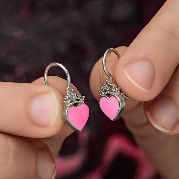 Gümüş Pembe Kalp Sallantılı Çocuk Küpe - Resim 3