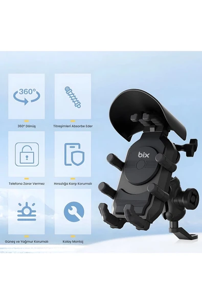 Ayna Bağlantılı Güneş Ve Yağmur Korumalı 360° Derece Ayarlanabilir Motosiklet Telefon Tutucu - 3