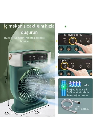 Şarjlı 600 Ml Su Hazneli Taşınabilir Masaüstü Vanilatör Güçlü Fan Ve 2000 Mah Pil Yeşil - 3