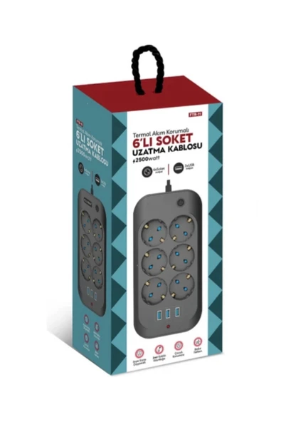 Termal Akım Korumalı, Çocuk Korumalı, 6’lı 2 Mt Uzatma Kablosu 6 X Priz, 3 X Usb - 2