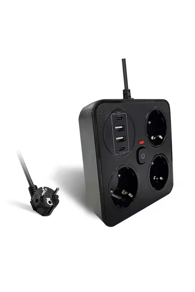 Akım Korumalı Anahtarlı Priz - 3x Priz - 2x Usb - 2x Type-c - 2 Mt Kablo Hızlı Şarj Özellikli Siyah - 2