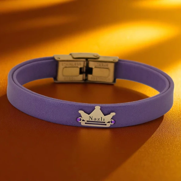 14 Ayar Altın Plakalı İsme Özel Taç Figürlü Doğal Mor Derili Hediye Bileklik-513 ürün görseli