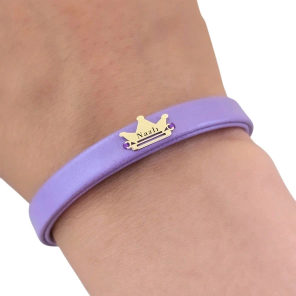 14 Ayar Altın Plakalı İsme Özel Taç Figürlü Doğal Mor Derili Hediye Bileklik-513 - Resim 3
