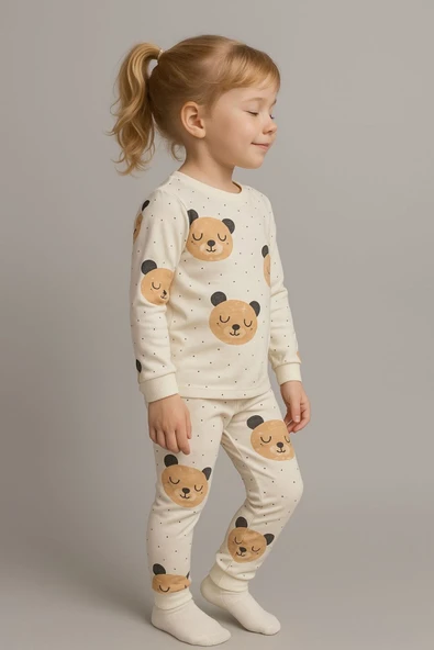 Kız Çocuk Ayıcık Desenli Pamuklu Pijama Takımı - Resim 3