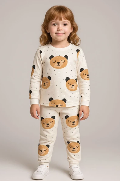 Kız Çocuk Ayıcık Desenli Pamuklu Pijama Takımı ürün görseli