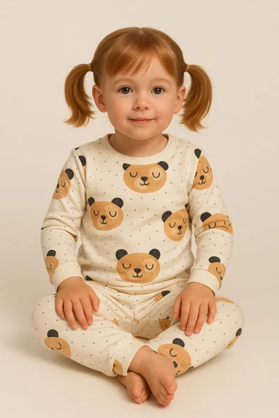Kız Çocuk Ayıcık Desenli Pamuklu Pijama Takımı - Resim 2