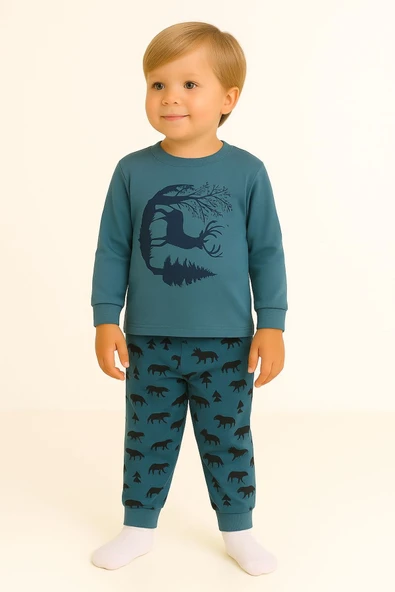 Erkek Çocuk Geyik ve Orman Desenli Pamuklu Pijama Takımı ürün görseli