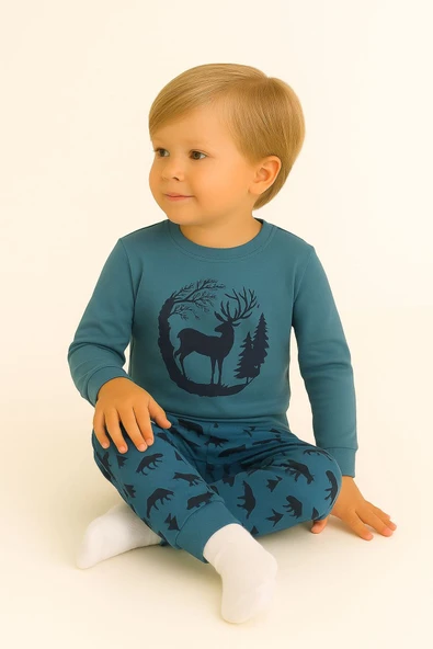 Erkek Çocuk Geyik ve Orman Desenli Pamuklu Pijama Takımı - Resim 2