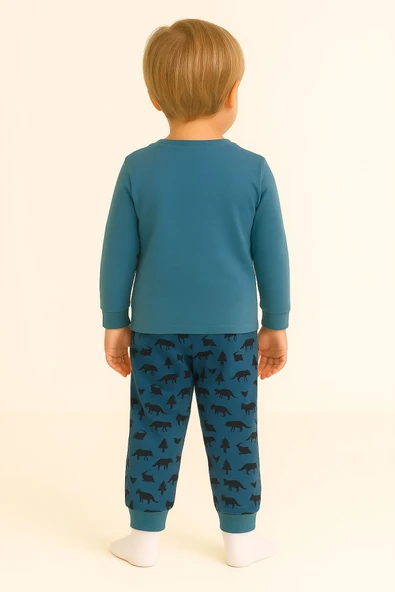 Erkek Çocuk Geyik ve Orman Desenli Pamuklu Pijama Takımı - Resim 4