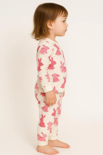 Kız Çocuk Uzun Kollu Pamuklu Desenli Pijama Takımı - Resim 3