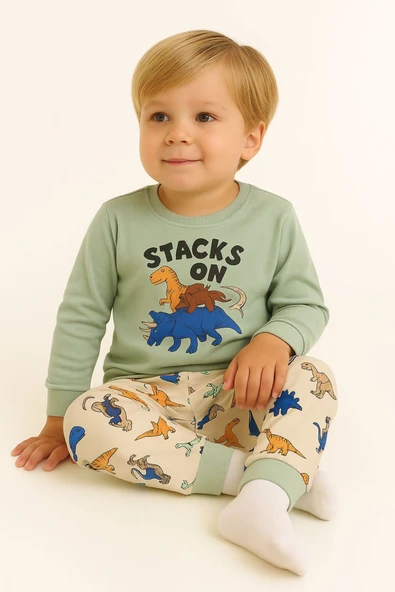 Erkek Çocuk Dinazor Desenli Pamuklu Pijama Takımı - Resim 2