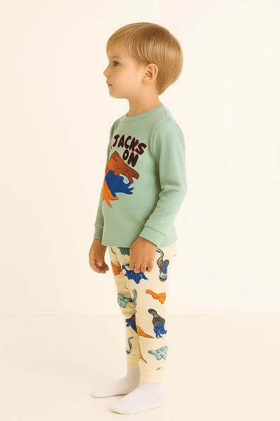 Erkek Çocuk Dinazor Desenli Pamuklu Pijama Takımı - Resim 3