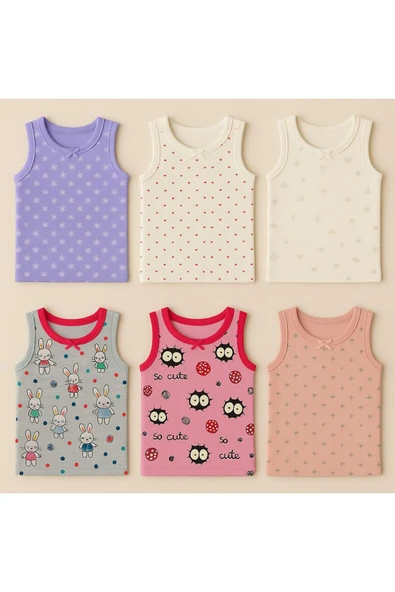 Kız Çocuk Emprime Desenli Pamuklu Atlet 6'lı Set ürün görseli