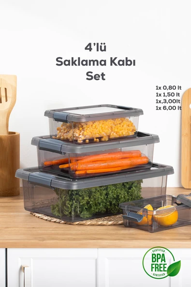 Porsima 466 4'lü Çok Amaçlı Dikdörtgen Sızdırmaz Kapaklı Gıda Erzak Saklama Kabı Seti Gri ürün görseli 1