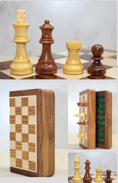 Özel Vernikli Mıknatıs Taşlı Ahşap Katlanabilir Kutulu Satranç Oyunu 12.5 Cm G220 ürün görseli