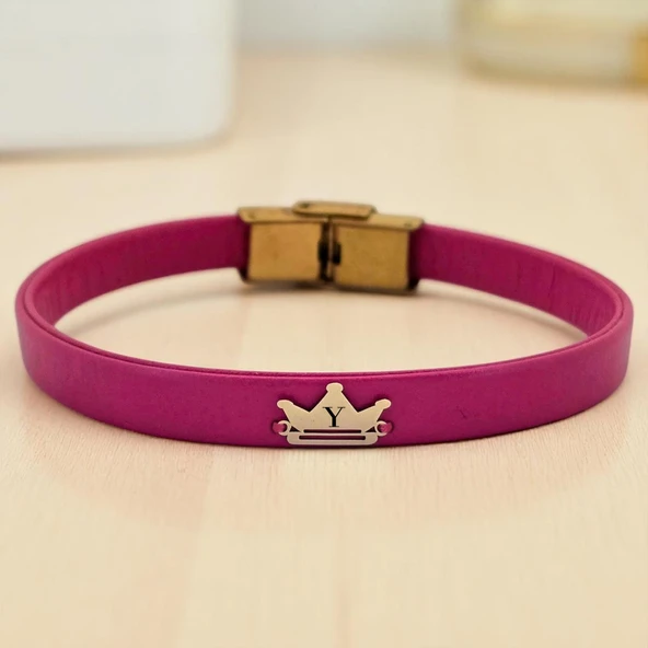 14 Ayar Altın Plakalı Harfe Özel Doğal Pembe Derili Taç Motifli Hediye Bileklik-514 ürün görseli