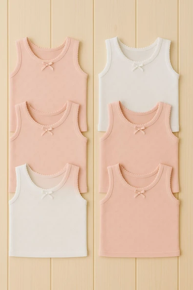 Kız Çocuk Geniş Askılı Ribana Atlet 6'lı Set Pamuklu Rahat Kesim Pembe , Beyaz ve Vizon ürün görseli