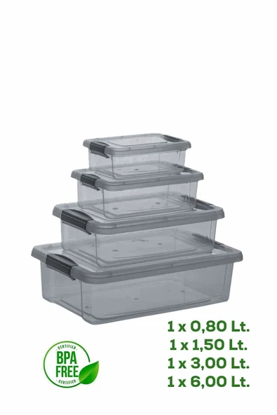 Porsima 466 4'lü Çok Amaçlı Dikdörtgen Sızdırmaz Kapaklı Gıda Erzak Saklama Kabı Seti Gri - Resim 3