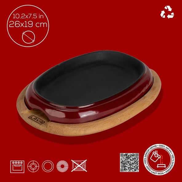 Lava Döküm Oval Fajita Tabağı Kayın Servis Ahşabı Ölçü 26x19cm.-Bordo - 4