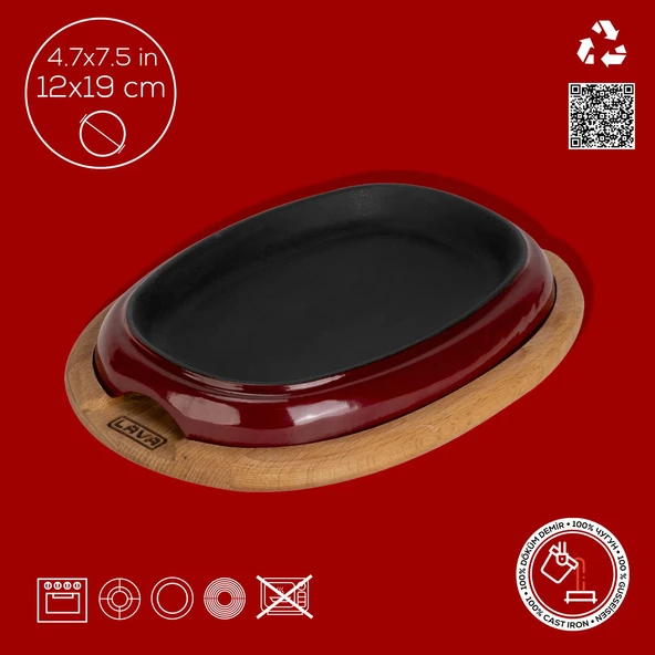Lava Döküm Oval Fajita Tabağı Kayın Servis Ahşabı Ölçü 12x19cm.-Bordo - 4