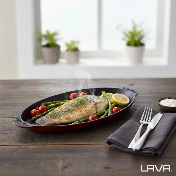 Lava Döküm Balık Tabağı Döküm Demir Yekpare Kulplu 15x29cm.-Bordo - 7