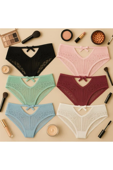 Ön V Dantelli Arka Delikli Ribana Bikini 6'lı Set ürün görseli