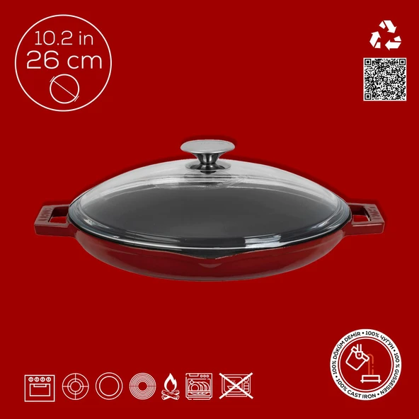 Lava Döküm Yuvarlak Kızartma Tavası Cam Kapaklı Döküm Demir Yekpare Çift Kulplu Çap(Ø)26cm.-Bordo - 4