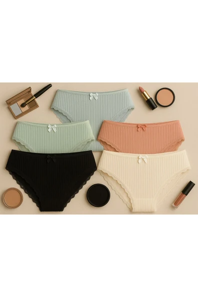 Bel Lastik Paça Dantelli Delikli Ribana Külot 5'li Set ürün görseli