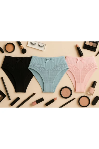 Ön V Dantelli Arka Delikli Ribana Bikini 3'lü Set ürün görseli