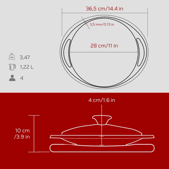 Lava Döküm Yuvarlak Saç Kavurma Tavası Döküm Demir Yekpare Çift Kulplu Cam Kapaklı Kayın Servis Ahşabı Çap(Ø)28cm.-Bordo - Resim 5