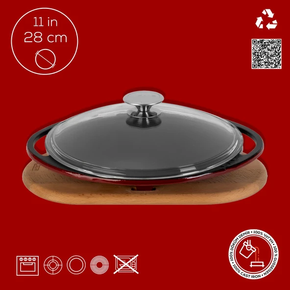 Lava Döküm Yuvarlak Saç Kavurma Tavası Döküm Demir Yekpare Çift Kulplu Cam Kapaklı Kayın Servis Ahşabı Çap(Ø)28cm.-Bordo - Resim 4