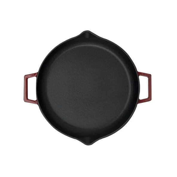 Lava Döküm Yuvarlak Kızartma Tavası Cam Kapaklı Döküm Demir Yekpare Çift Kulplu Çap(Ø)26cm.-Bordo - 3