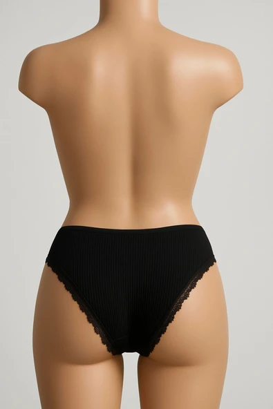 Bel Lastik Paça Dantelli Delikli Ribana Külot 3'lü Set - Resim 2