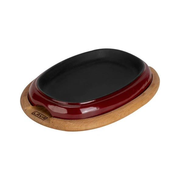 Lava Döküm Oval Fajita Tabağı Kayın Servis Ahşabı Ölçü 26x19cm.-Bordo - 2
