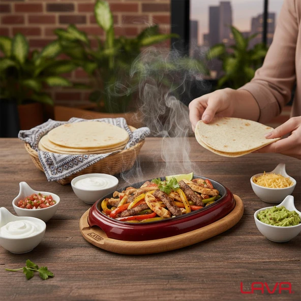 Lava Döküm Oval Fajita Tabağı Kayın Servis Ahşabı Ölçü 26x19cm.-Bordo - 7