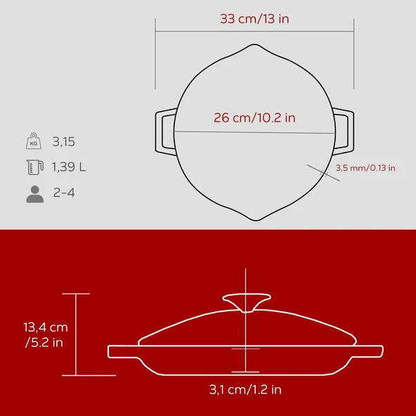 Lava Döküm Yuvarlak Kızartma Tavası Cam Kapaklı Döküm Demir Yekpare Çift Kulplu Çap(Ø)26cm.-Bordo - 5