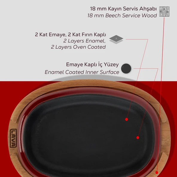 Lava Döküm Oval Fajita Tabağı Kayın Servis Ahşabı Ölçü 26x19cm.-Bordo - 6