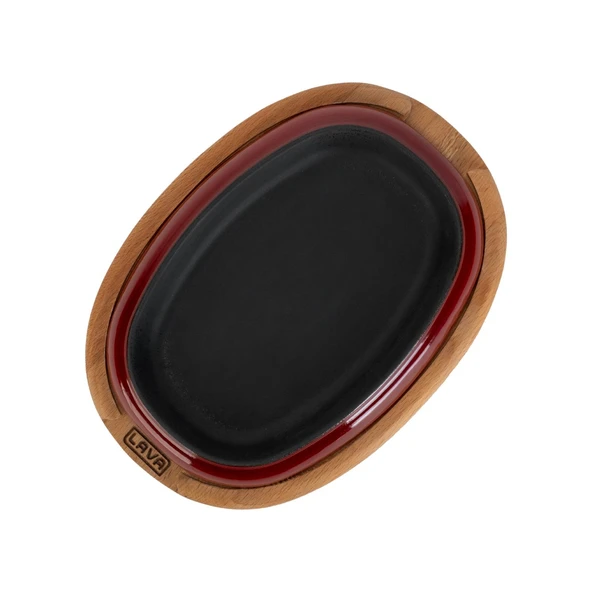 Lava Döküm Oval Fajita Tabağı Kayın Servis Ahşabı Ölçü 26x19cm.-Bordo - 3