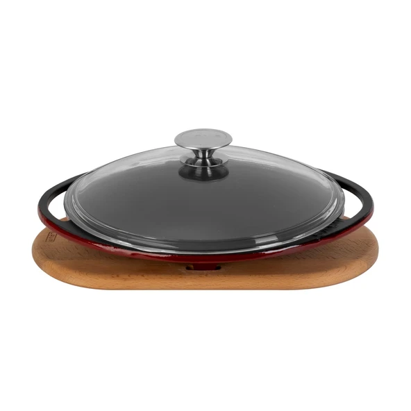 Lava Döküm Yuvarlak Saç Kavurma Tavası Döküm Demir Yekpare Çift Kulplu Cam Kapaklı Kayın Servis Ahşabı Çap(Ø)28cm.-Bordo ürün görseli 1