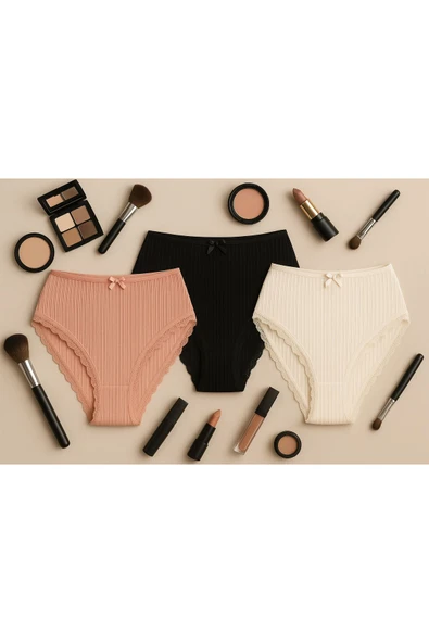 Bel Lastik Paça Dantelli Delikli Ribana Külot 3'lü Set ürün görseli