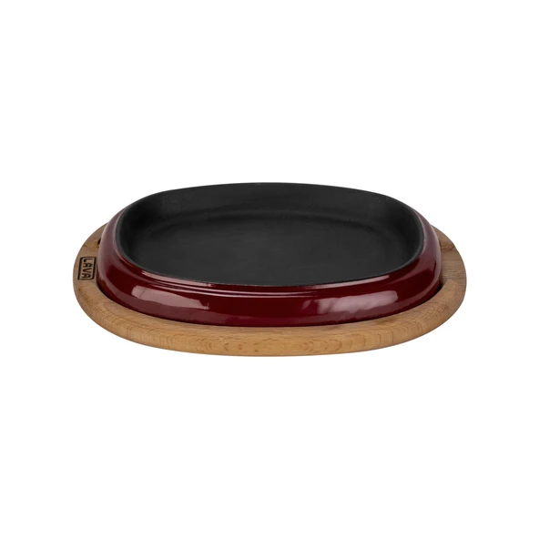 Lava Döküm Oval Fajita Tabağı Kayın Servis Ahşabı Ölçü 12x19cm.-Bordo - 1