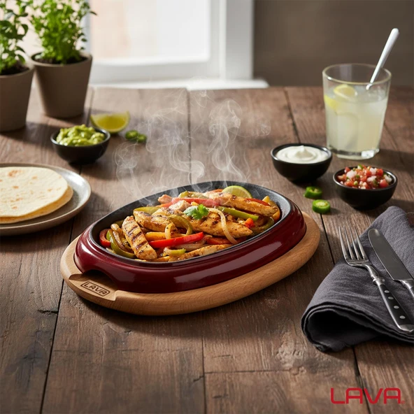 Lava Döküm Oval Fajita Tabağı Kayın Servis Ahşabı Ölçü 12x19cm.-Bordo - 7